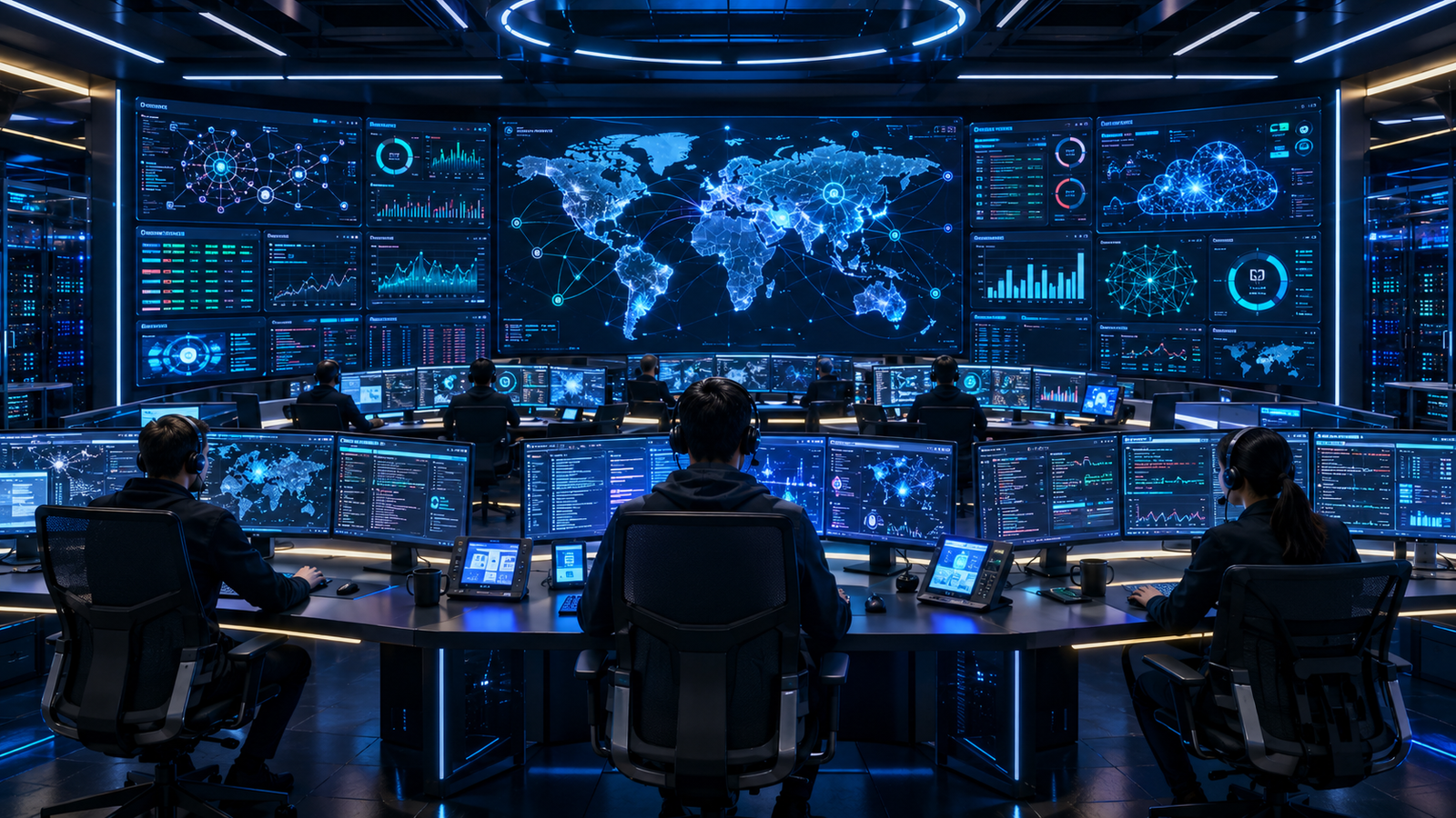 Modern Security Operations Center (SOC) with SIEM dashboards, AI-powered threat detection, cybersecurity analysts, cloud security monitoring, and real-time incident response in 2026.
