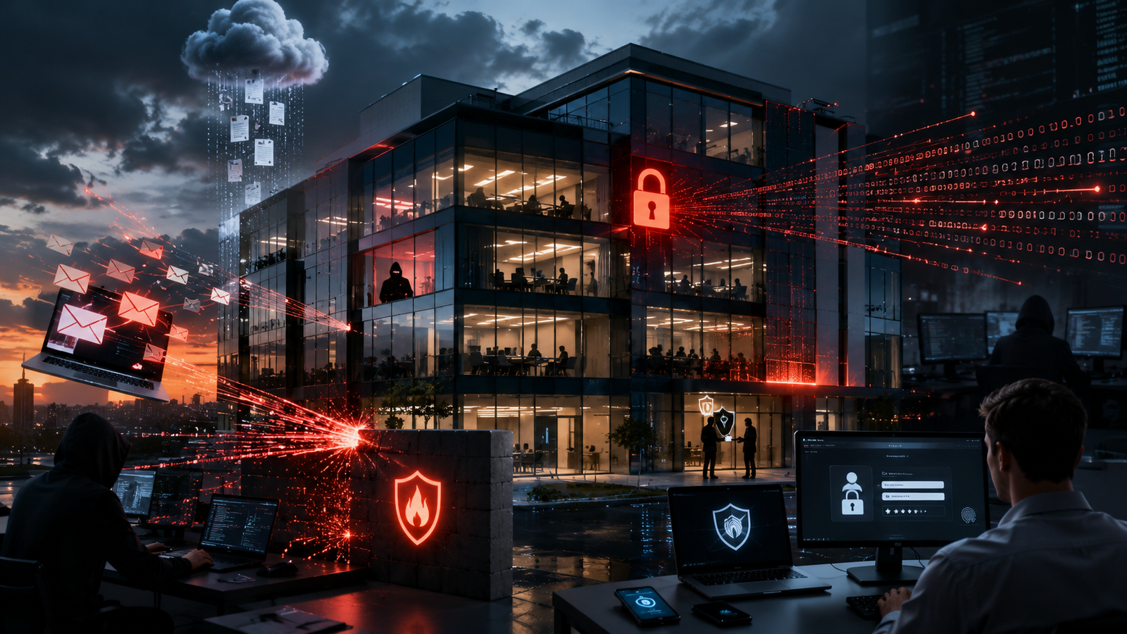 Top cybersecurity threats affecting businesses in 2026, including ransomware, phishing, AI-powered attacks, insider threats, cloud security risks, and data breaches.