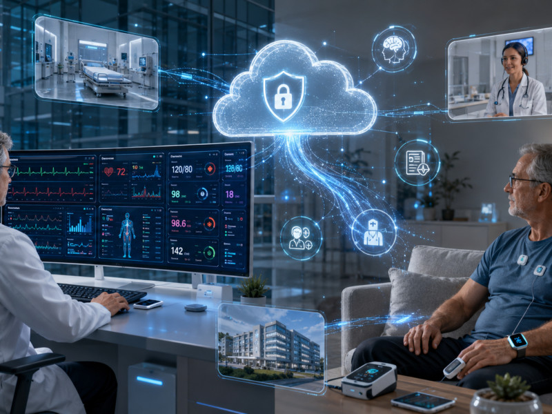 Remote Patient Monitoring (RPM) system showing wearable medical devices, digital health dashboard, real-time patient monitoring, telehealth technology, and connected healthcare solutions.