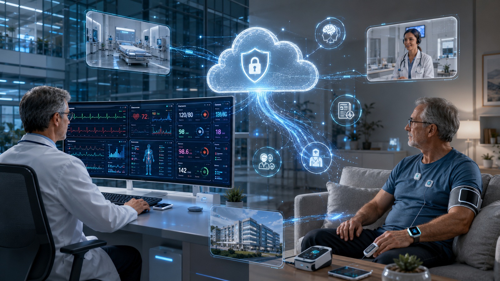 Remote Patient Monitoring (RPM) system showing wearable medical devices, digital health dashboard, real-time patient monitoring, telehealth technology, and connected healthcare solutions.